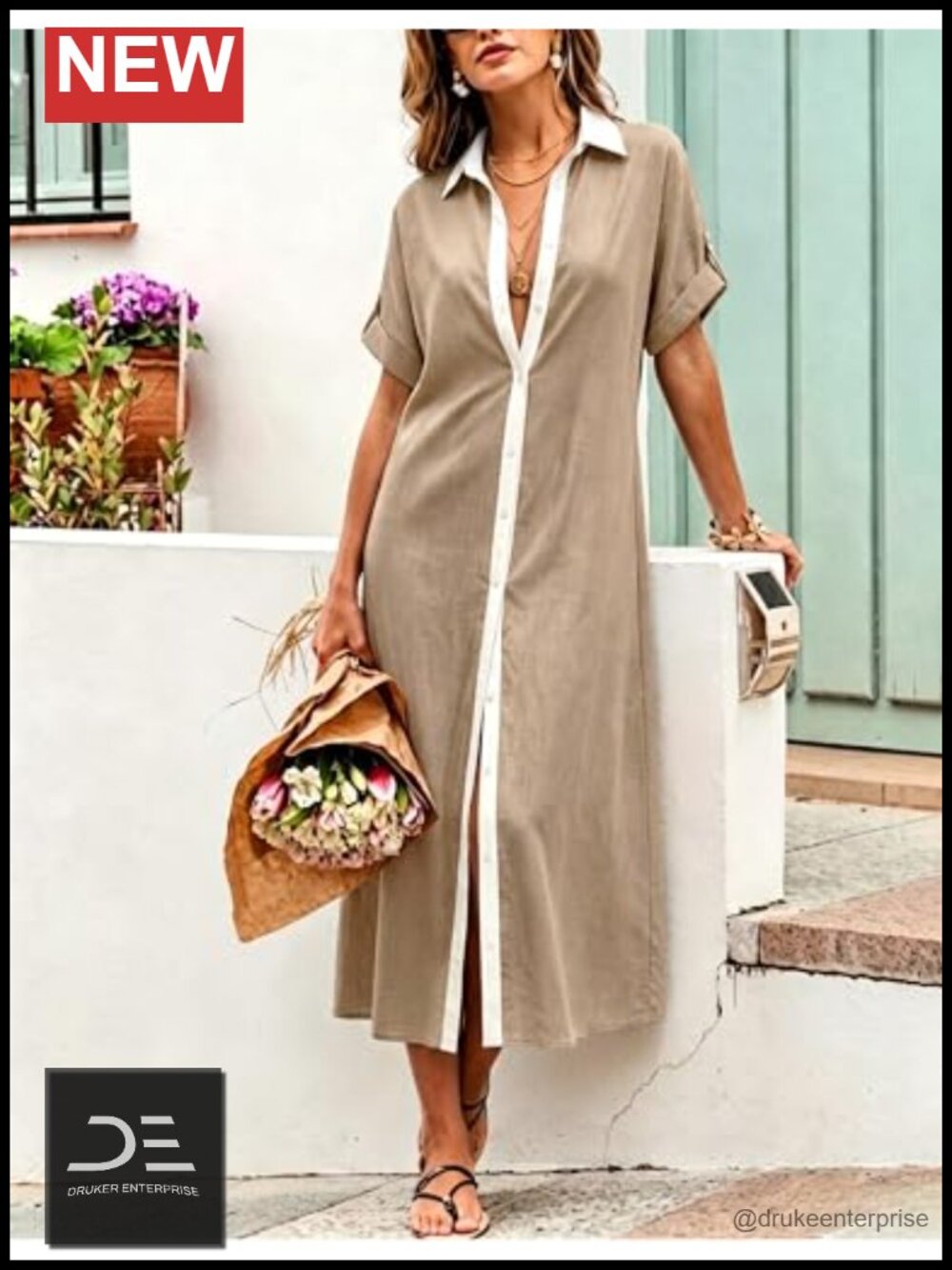 Womens V Neck Button Down Shirt Dress Linen Cotton Maxi Beach Coverup with - Picture 5 of 6